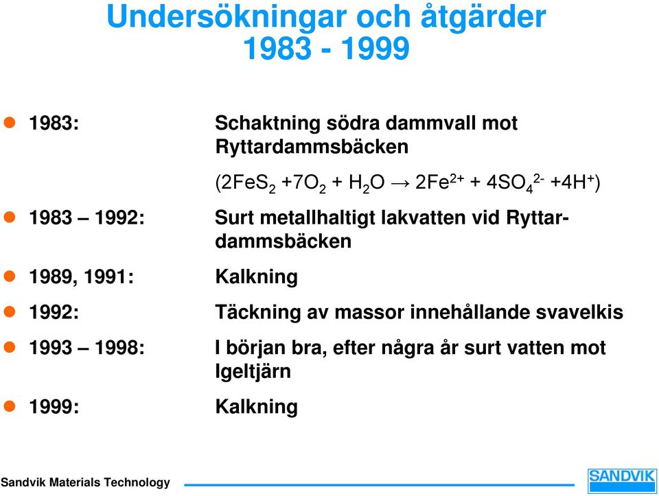 4SO 4 2- +4H + ) Surt metallhaltigt lakvatten vid Ryttardammsbäcken Kalkning Täckning