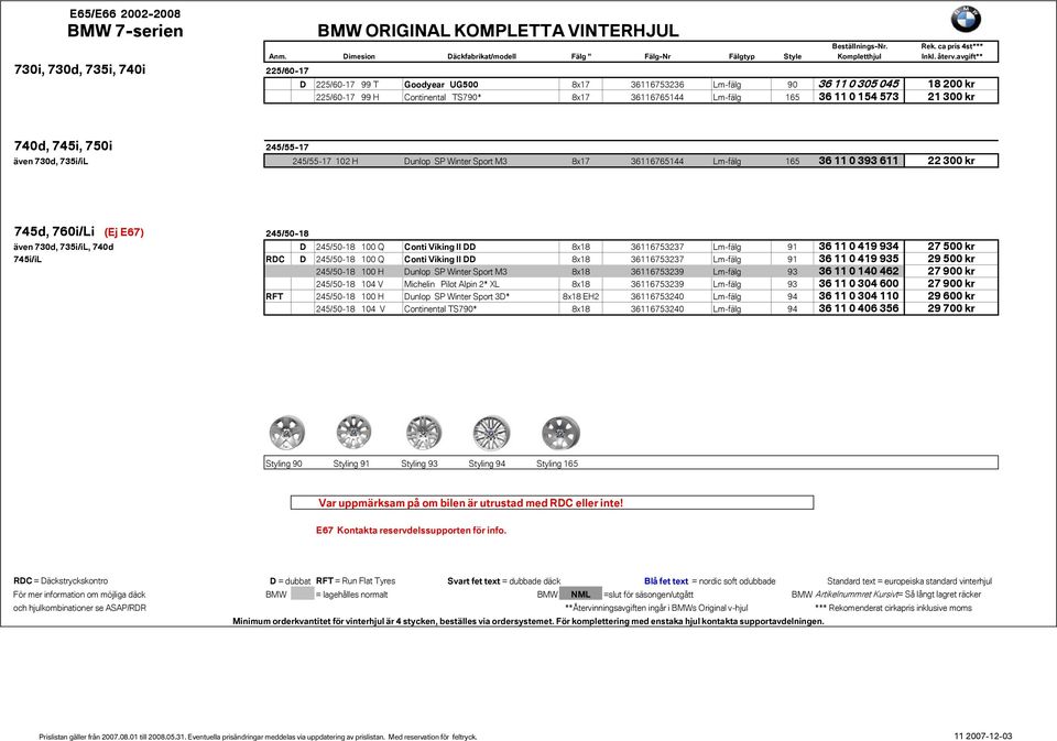 760i/Li (Ej E67) 245/50-18 även 730d, 735i/iL, 740d D 245/50-18 100 Q Conti Viking II DD 8x18 36116753237 Lm-fälg 91 36 11 0 419 934 27 500 kr 745i/iL RDC D 245/50-18 100 Q Conti Viking II DD 8x18