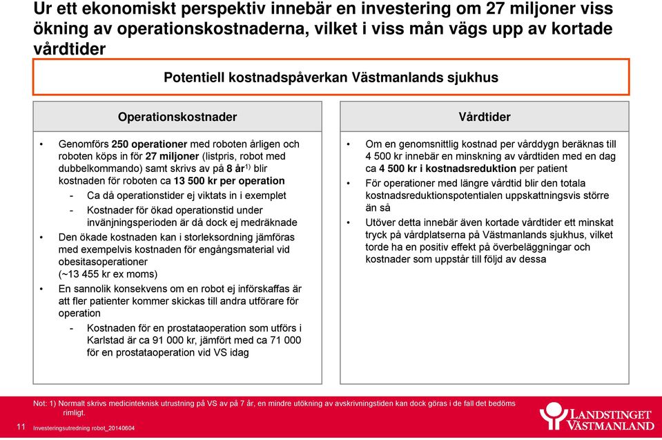 ca 13 500 kr per operation - Ca då operationstider ej viktats in i exemplet - Kostnader för ökad operationstid under invänjningsperioden är då dock ej medräknade Den ökade kostnaden kan i
