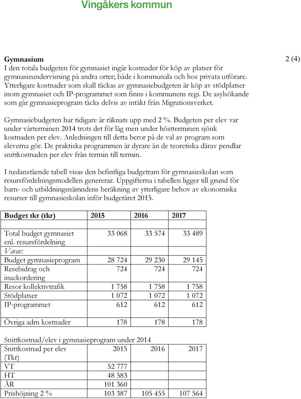 De asylsökande som går gymnasieprogram täcks delvis av intäkt från Migrationsverket. 2 (4) Gymnasiebudgeten har tidigare år räknats upp med 2 %.