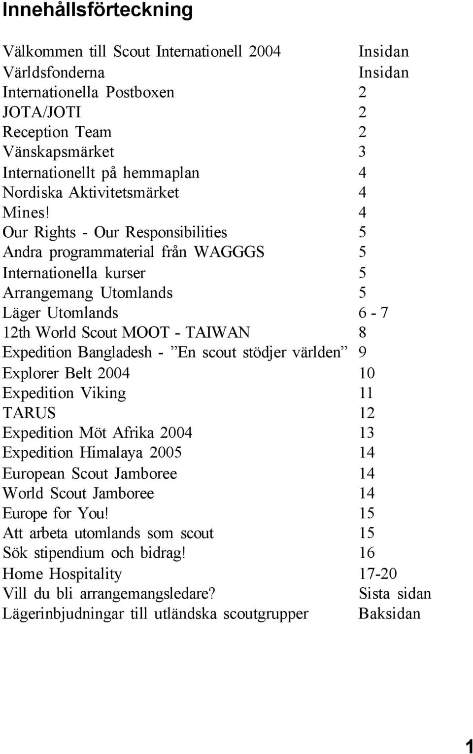 4 Our Rights - Our Responsibilities 5 Andra programmaterial från WAGGGS 5 Internationella kurser 5 Arrangemang Utomlands 5 Läger Utomlands 6-7 12th World Scout MOOT - TAIWAN 8 Expedition Bangladesh -