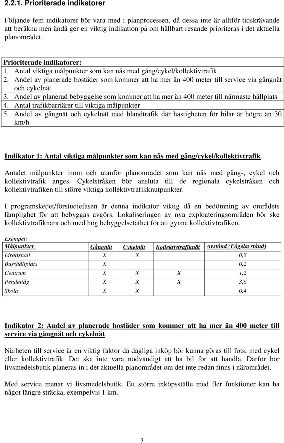 i det aktuella planområdet. Prioriterade indikatorer: 1. Antal viktiga målpunkter som kan nås med gång/cykel/kollektivtrafik 2.