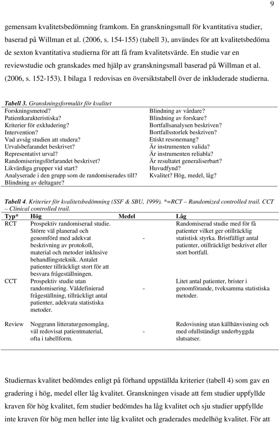 En studie var en reviewstudie och granskades med hjälp av granskningsmall baserad på Willman et al. (2006, s. 152-153). I bilaga 1 redovisas en översiktstabell över de inkluderade studierna. Tabell 3.