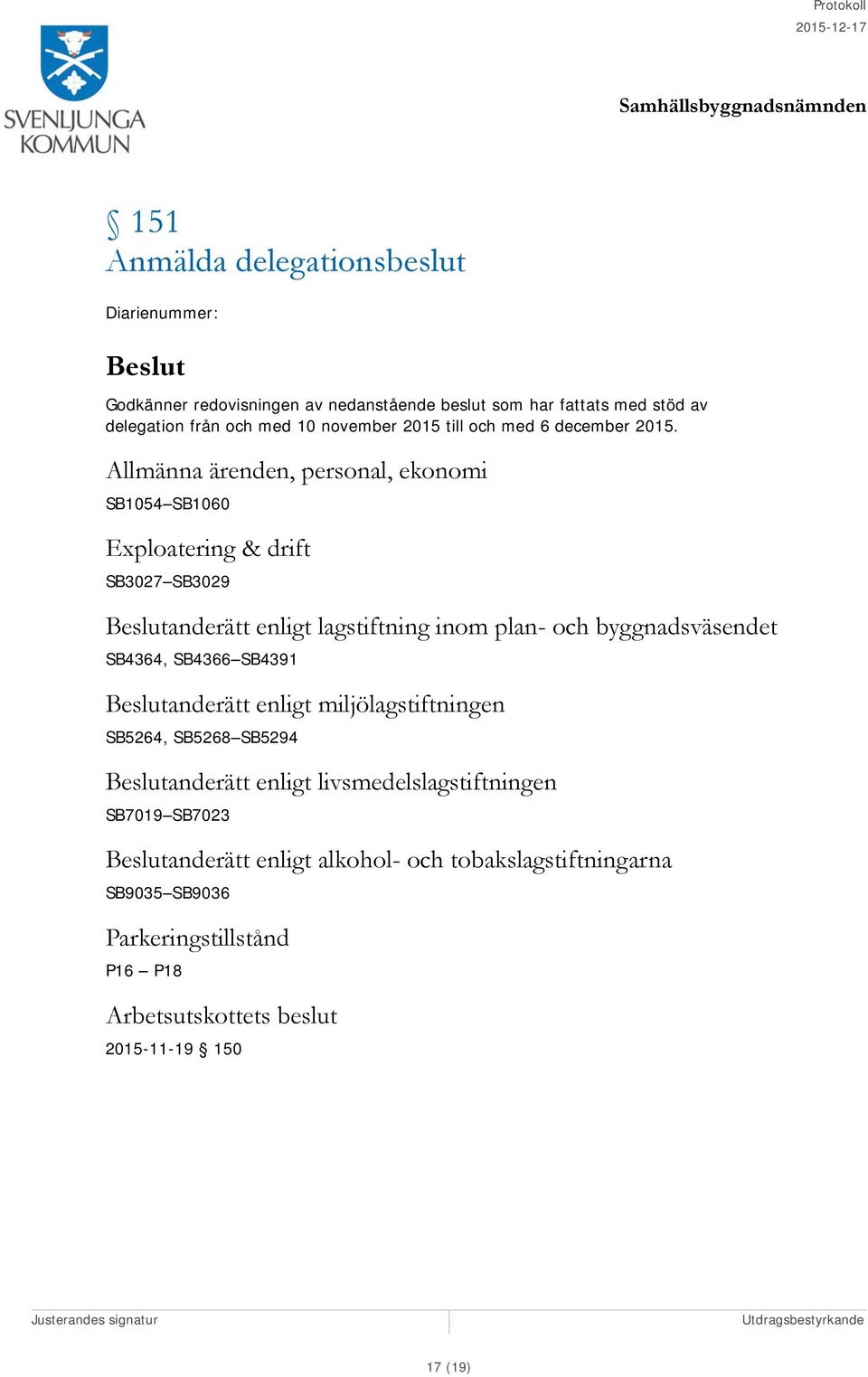 Allmänna ärenden, personal, ekonomi SB1054 SB1060 Exploatering & drift SB3027 SB3029 Beslutanderätt enligt lagstiftning inom plan- och byggnadsväsendet SB4364,