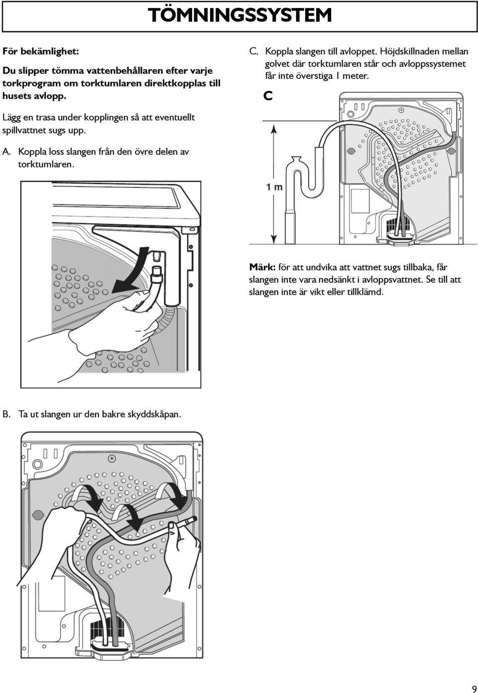 Höjdskillnaden mellan golvet där torktumlaren står och avloppssystemet får inte överstiga 1 meter. C A.
