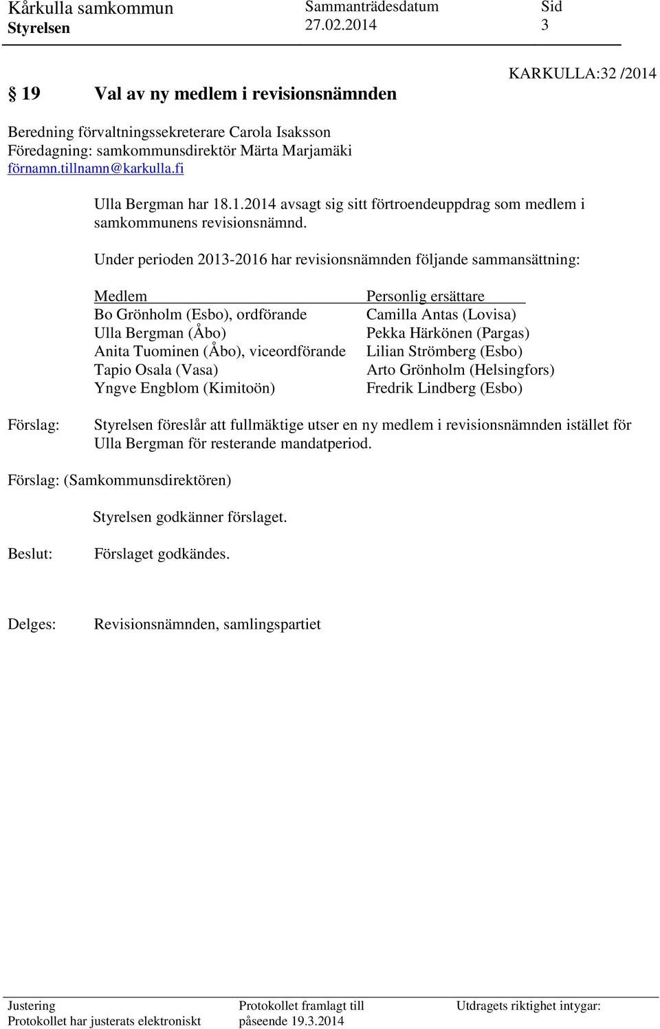 Under perioden 2013-2016 har revisionsnämnden följande sammansättning: Medlem Bo Grönholm (Esbo), ordförande Ulla Bergman (Åbo) Anita Tuominen (Åbo), viceordförande Tapio Osala (Vasa) Yngve Engblom