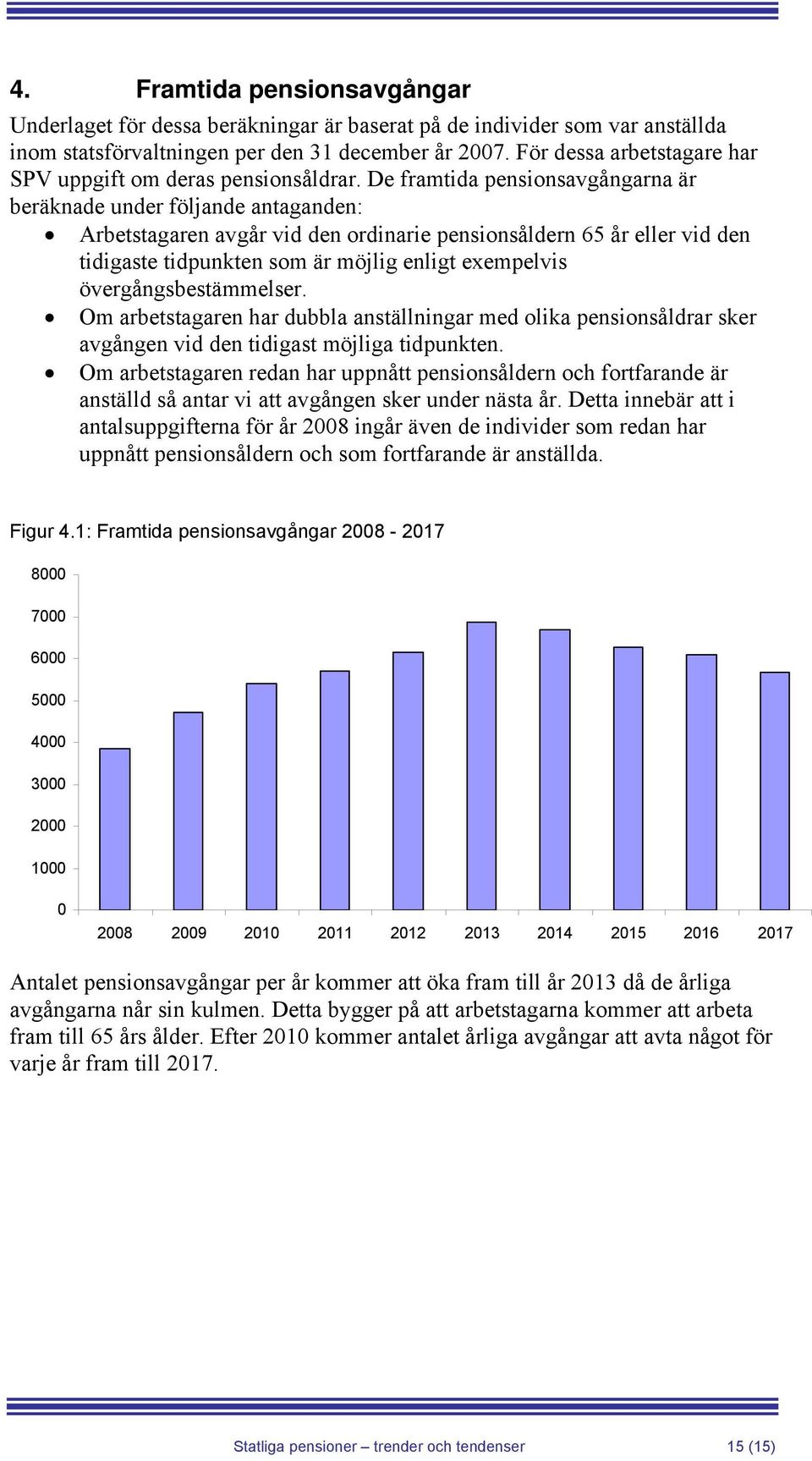 De framtida pensionsavgångarna är beräknade under följande antaganden: Arbetstagaren avgår vid den ordinarie pensionsåldern 65 år eller vid den tidigaste tidpunkten som är möjlig enligt exempelvis