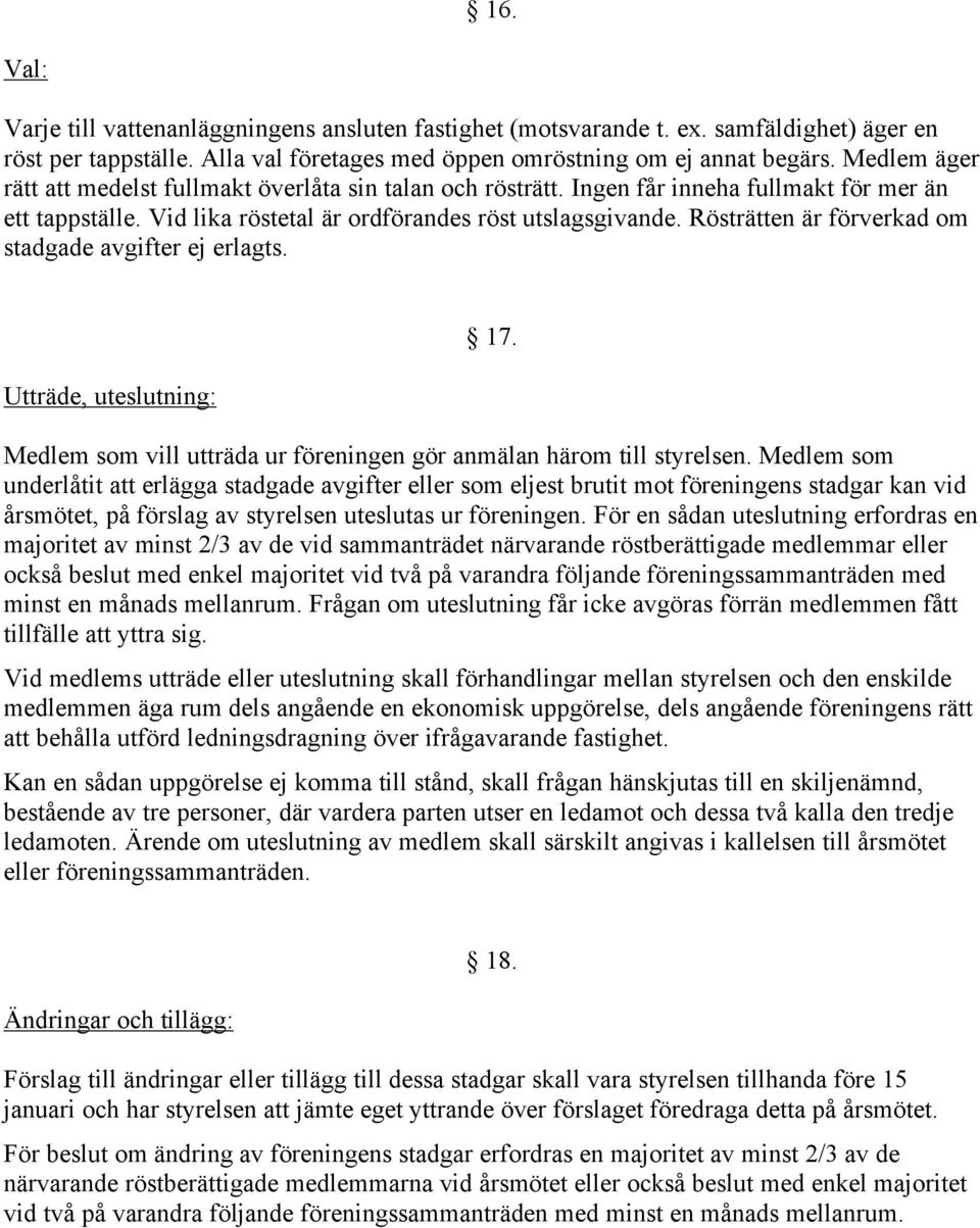 Rösträtten är förverkad om stadgade avgifter ej erlagts. Utträde, uteslutning: 17. Medlem som vill utträda ur föreningen gör anmälan härom till styrelsen.