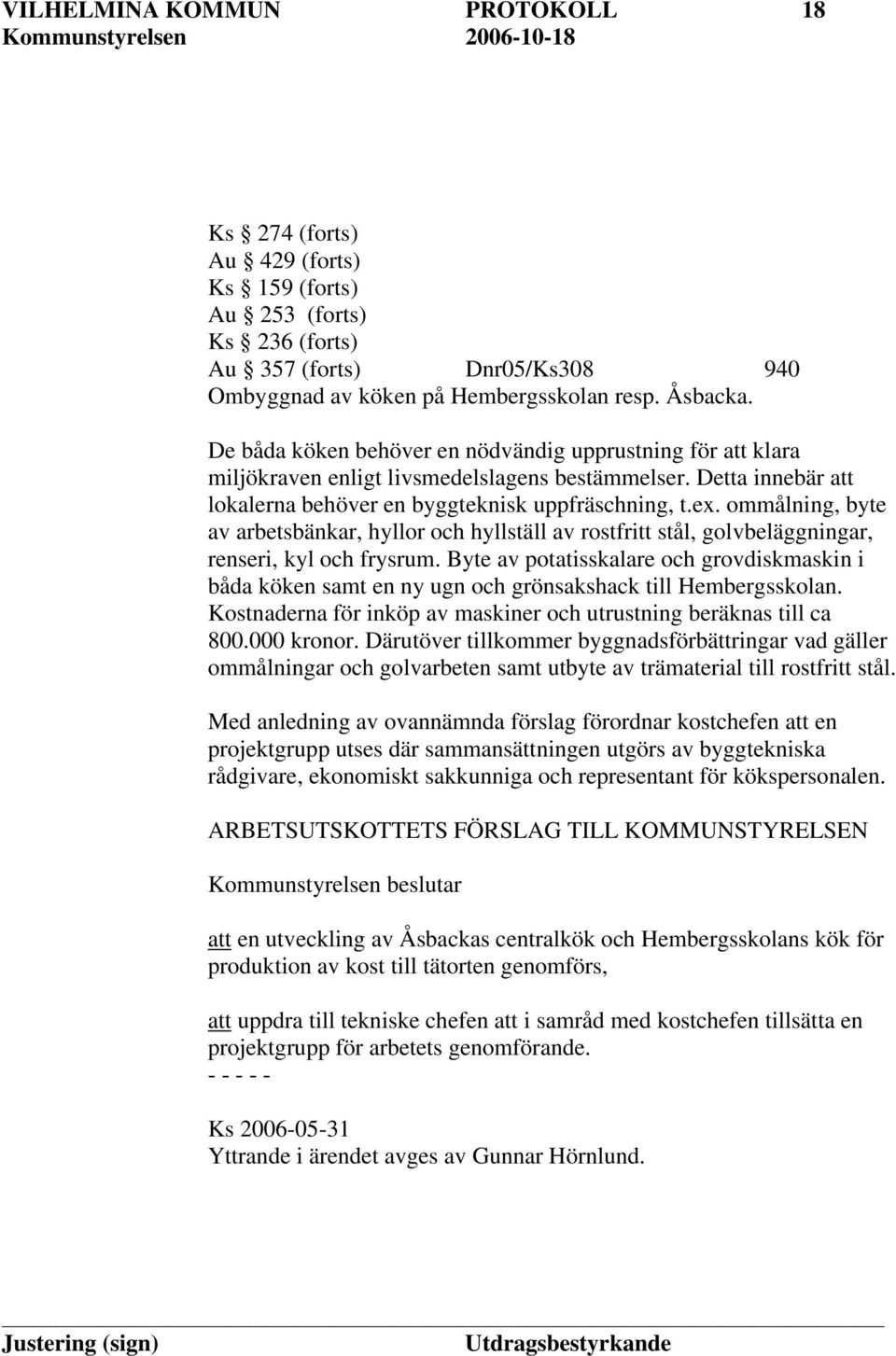 ommålning, byte av arbetsbänkar, hyllor och hyllställ av rostfritt stål, golvbeläggningar, renseri, kyl och frysrum.
