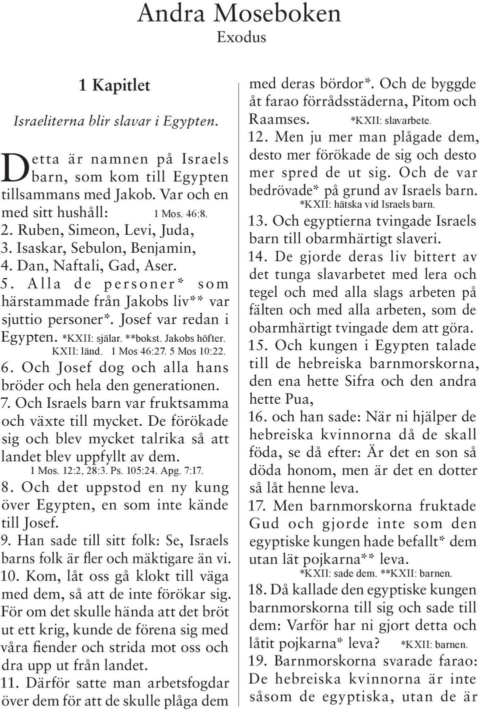 Josef var redan i Egypten. *KXII: själar. **bokst. Jakobs höfter. KXII: länd. 1 Mos 46:27. 5 Mos 10:22. 6. Och Josef dog och alla hans bröder och hela den generationen. 7.