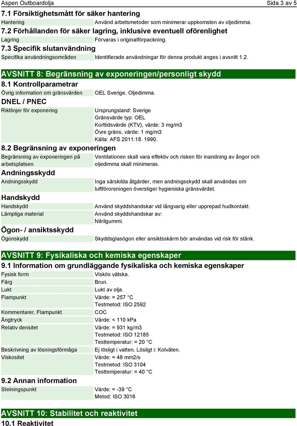 1 Kontrollparametrar Övrig information om gränsvärden OEL Sverige. Oljedimma. DNEL / PNEC Riktlinjer för exponering 8.