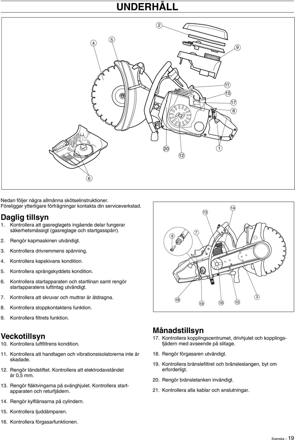 Kontrollera kapskivans kondition. 5. Kontrollera sprängskyddets kondition. 6. Kontrollera startapparaten och startlinan samt rengör startapparatens luftintag utvändigt. 7.