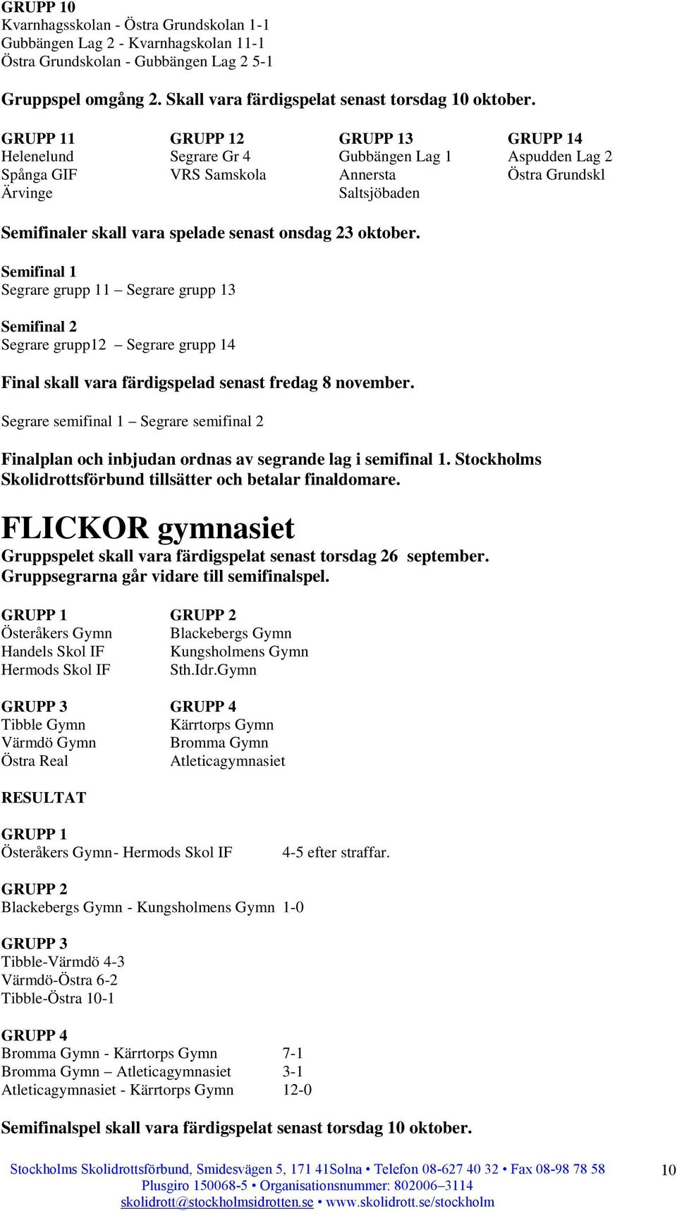 onsdag 23 oktober. Segrare grupp 11 Segrare grupp 13 Semifinal 2 Segrare grupp12 Segrare grupp 14 Final skall vara färdigspelad senast fredag 8 november.