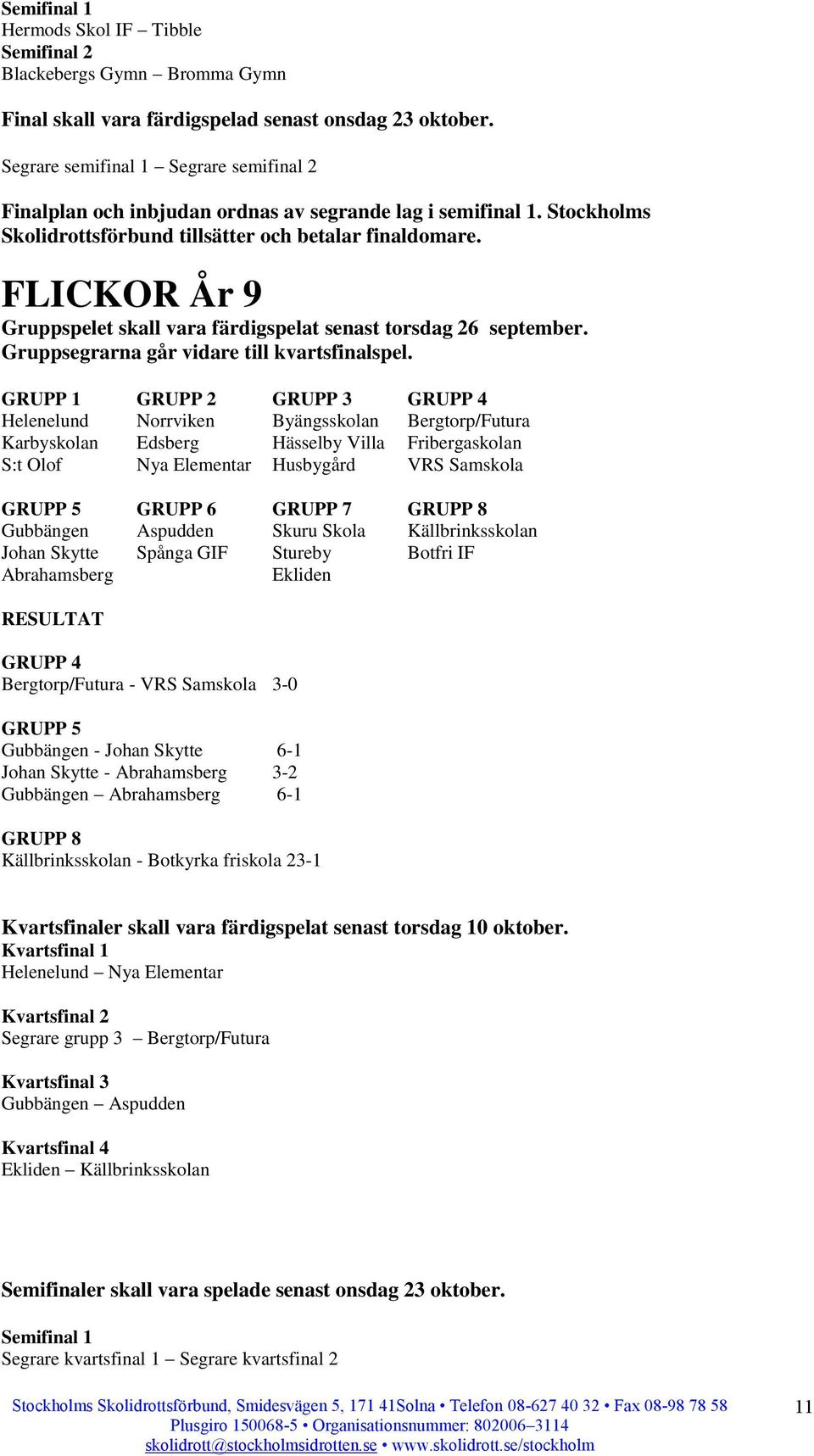 7 GRUPP 8 Gubbängen Aspudden Skuru Skola Källbrinksskolan Johan Skytte Spånga GIF Stureby Botfri IF Abrahamsberg Ekliden GRUPP 4 Bergtorp/Futura - VRS Samskola 3-0 GRUPP 5 Gubbängen - Johan Skytte