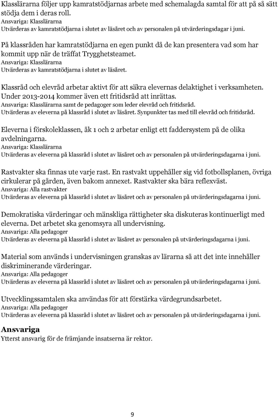 På klassråden har kamratstödjarna en egen punkt då de kan presentera vad som har kommit upp när de träffat Trygghetsteamet. Ansvariga: Klasslärarna Utvärderas av kamratstödjarna i slutet av läsåret.