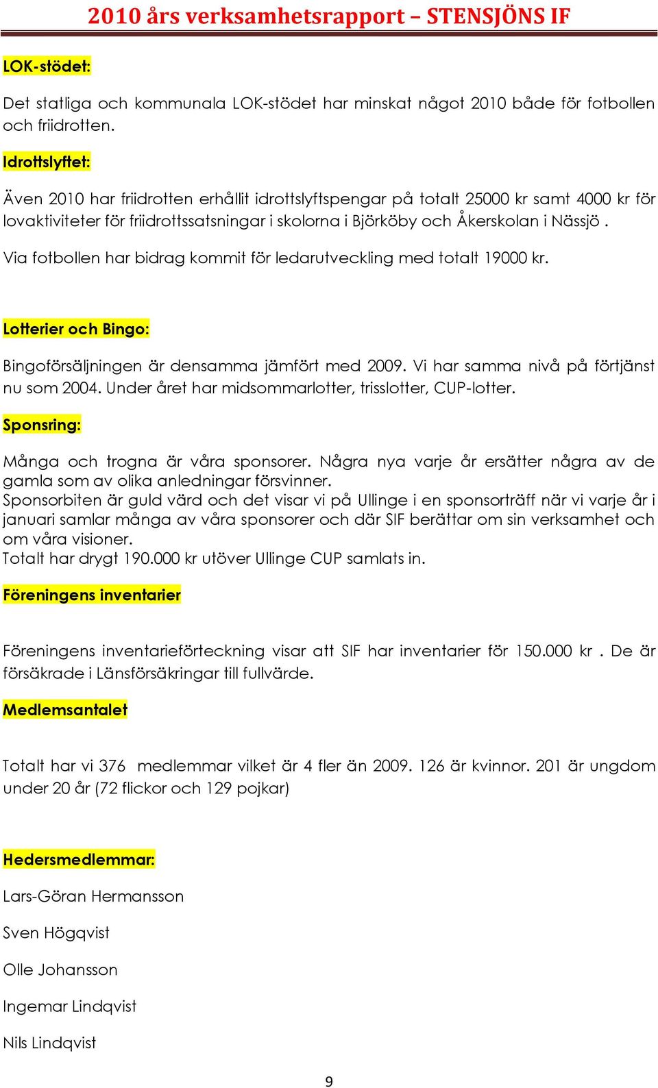 Via fotbollen har bidrag kommit för ledarutveckling med totalt 19000 kr. Lotterier och Bingo: Bingoförsäljningen är densamma jämfört med 2009. Vi har samma nivå på förtjänst nu som 2004.