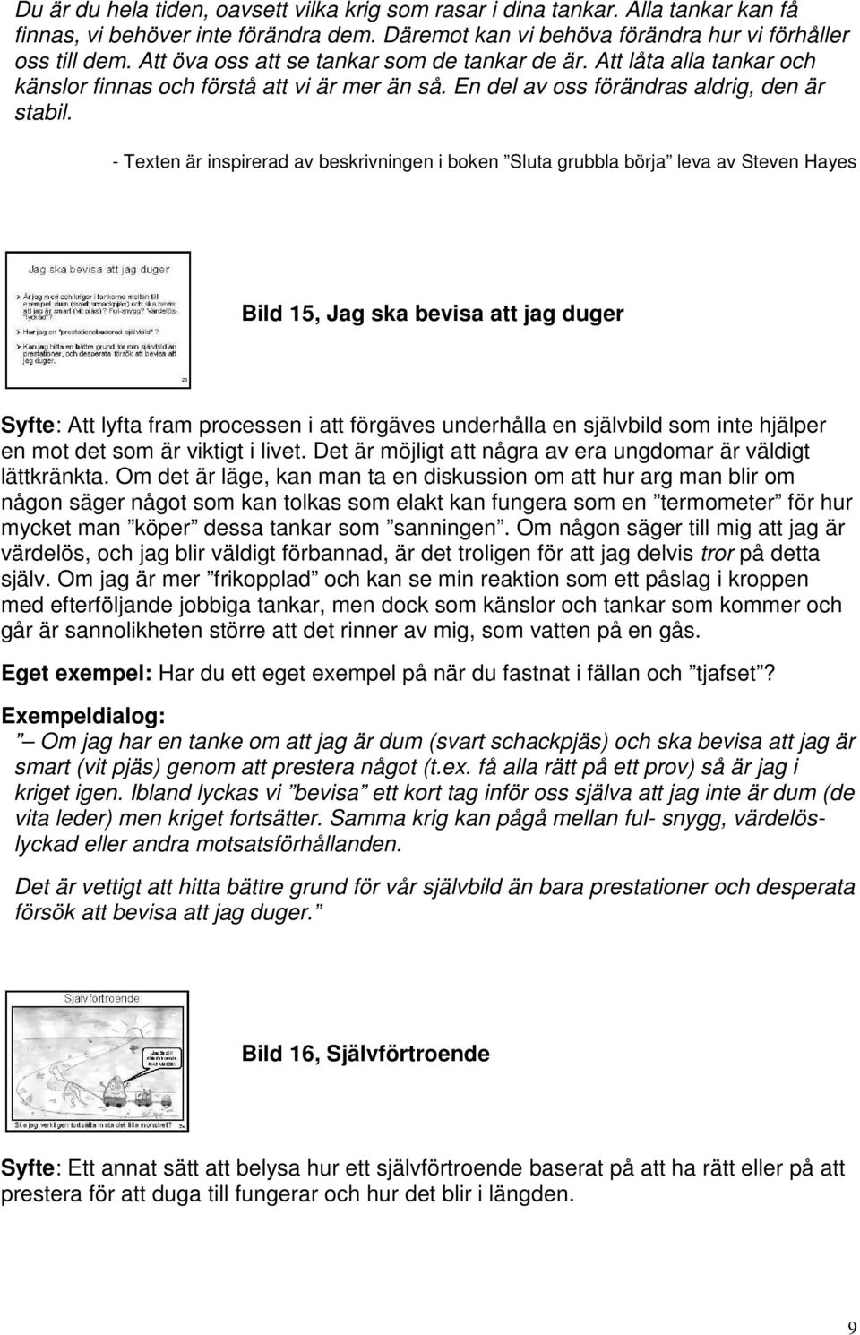 - Texten är inspirerad av beskrivningen i boken Sluta grubbla börja leva av Steven Hayes Bild 15, Jag ska bevisa att jag duger Syfte: Att lyfta fram processen i att förgäves underhålla en självbild