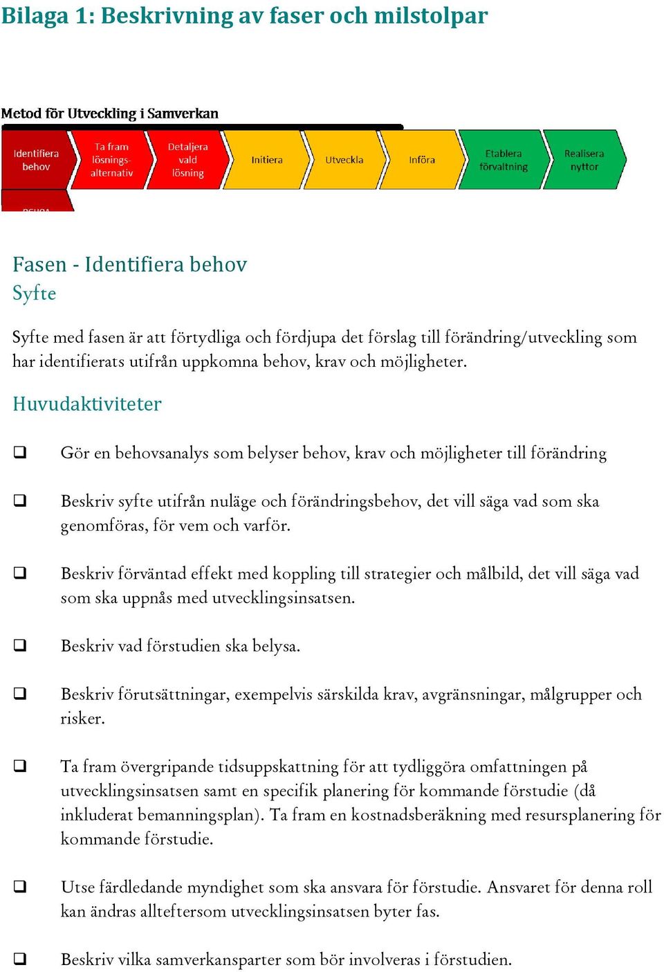 Huvudaktiviteter Gör en behovsanalys som belyser behov, krav och möjligheter till förändring Beskriv syfte utifrån nuläge och förändringsbehov, det vill säga vad som ska genomföras, för vem och