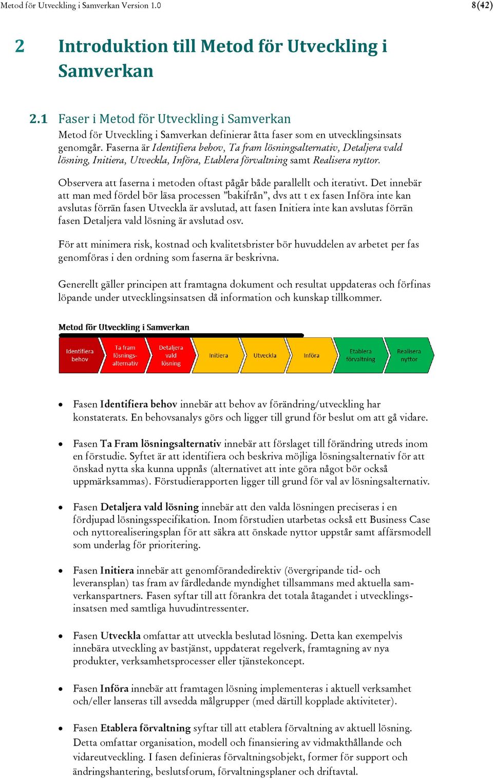 Faserna är Identifiera behov, Ta fram lösningsalternativ, Detaljera vald lösning, Initiera, Utveckla, Införa, Etablera förvaltning samt Realisera nyttor.