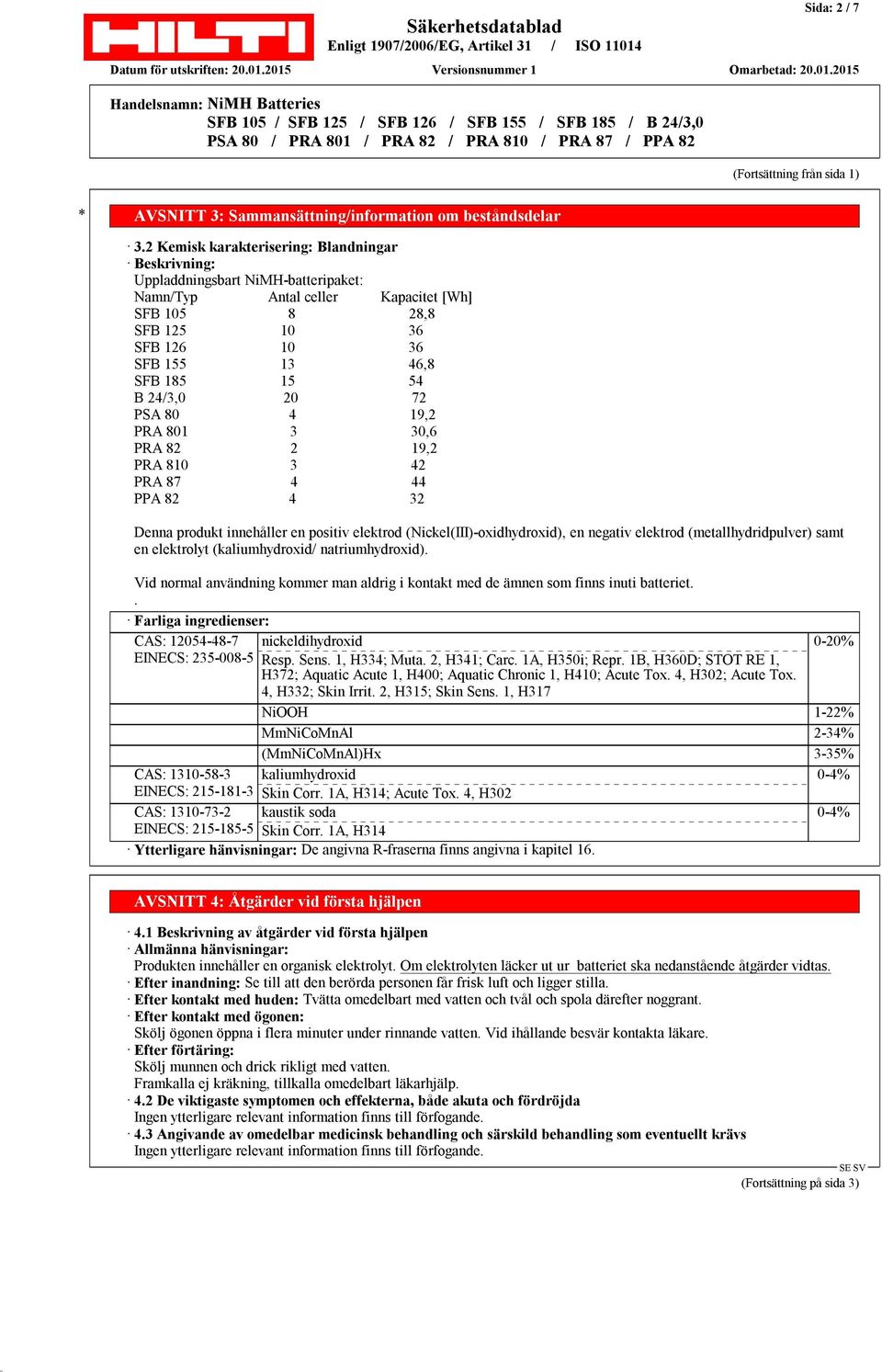 24/3,0 20 72 PSA 80 4 19,2 PRA 801 3 30,6 PRA 82 2 19,2 PRA 810 3 42 PRA 87 4 44 PPA 82 4 32 Denna produkt innehåller en positiv elektrod (Nickel(III)-oxidhydroxid), en negativ elektrod