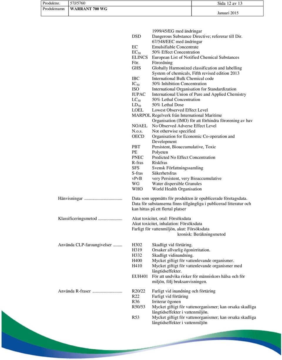 Förordning GHS Globally Harmonized classification and labelling System of chemicals, Fifth revised edition 2013 IBC International Bulk Chemical code IC 50 50% Inhibition Concentration ISO