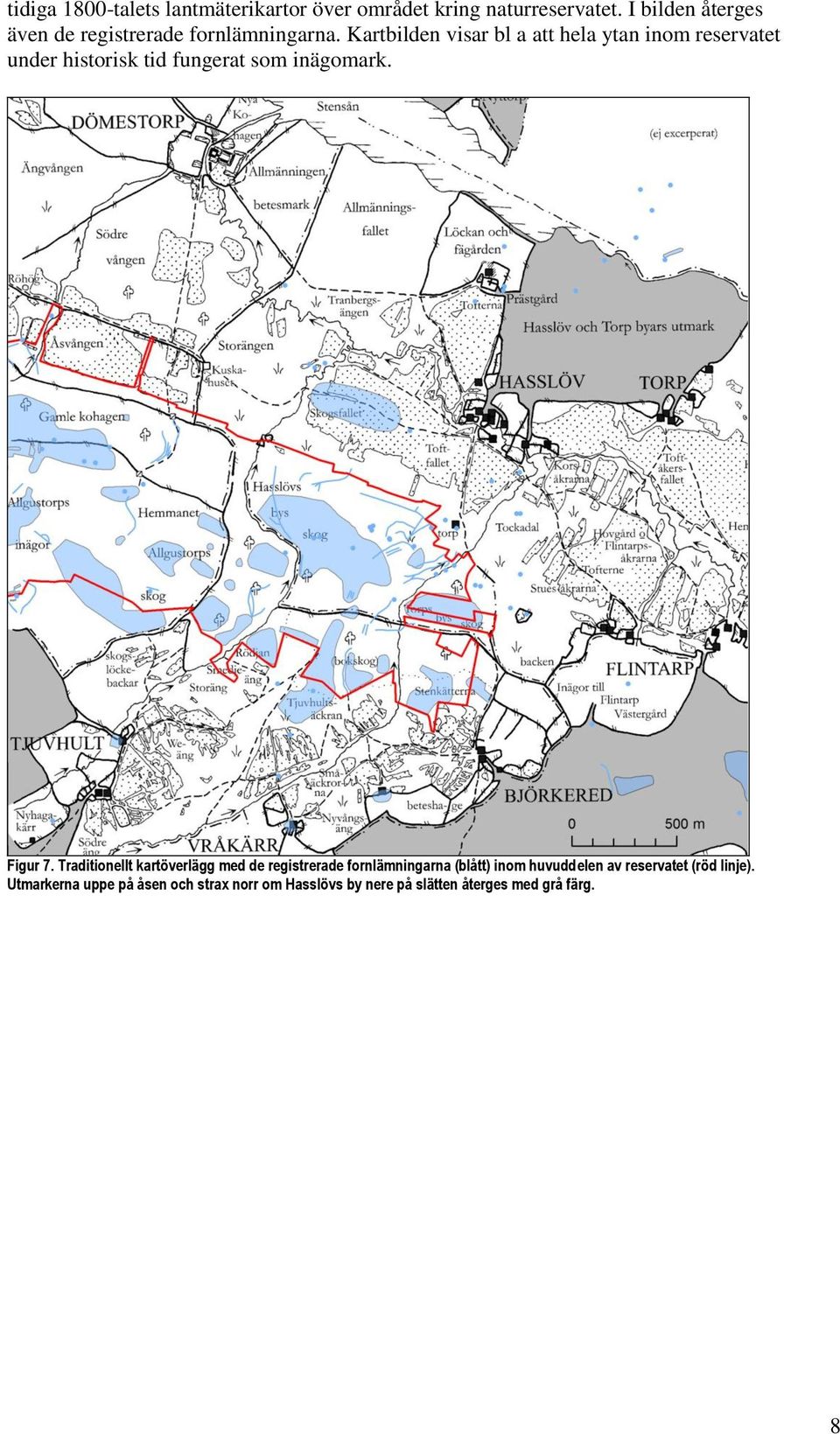 Kartbilden visar bl a att hela ytan inom reservatet under historisk tid fungerat som inägomark. Figur 7.