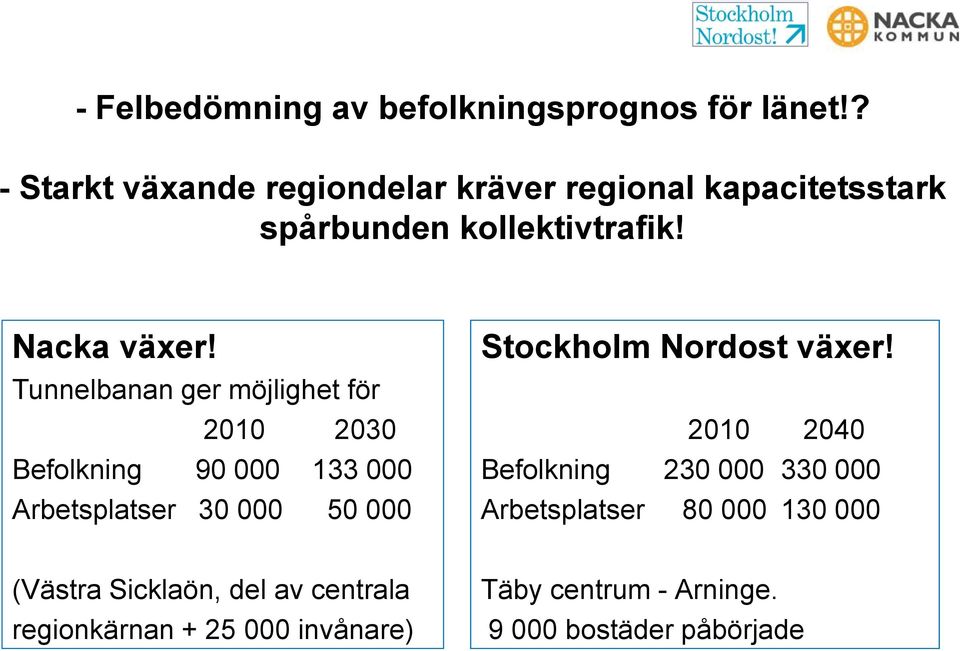 Tunnelbanan ger möjlighet för 2010 2030 Befolkning 90 000 133 000 Arbetsplatser 30 000 50 000 Stockholm Nordost