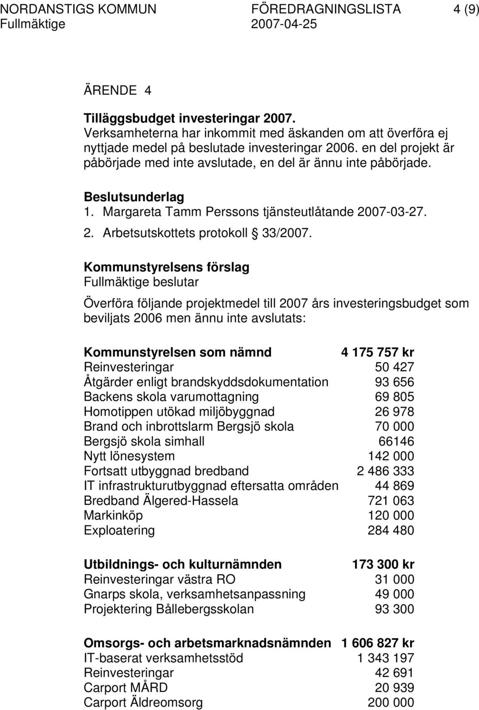 Överföra följande projektmedel till 2007 års investeringsbudget som beviljats 2006 men ännu inte avslutats: Kommunstyrelsen som nämnd 4 175 757 kr Reinvesteringar 50 427 Åtgärder enligt