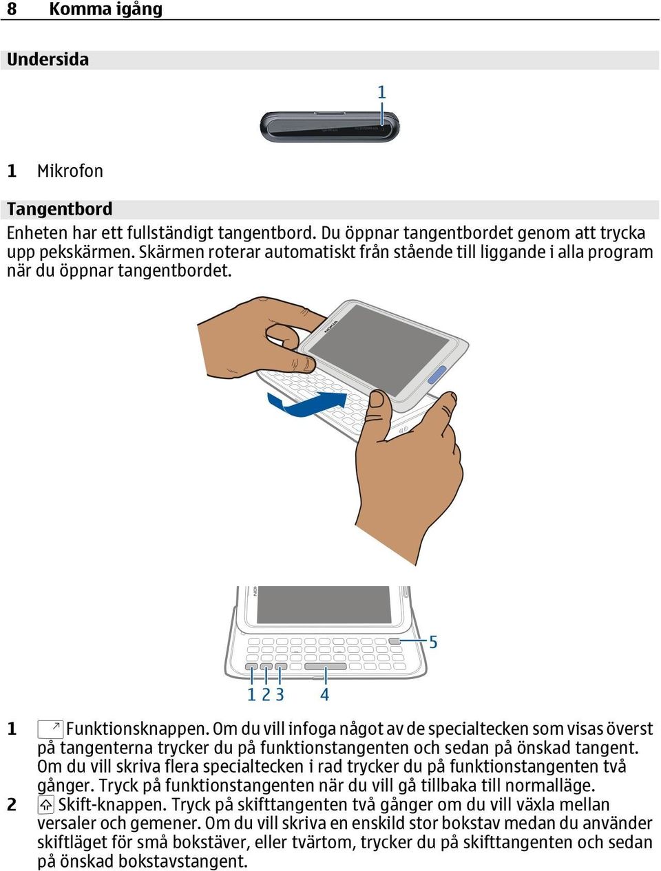 Om du vill infoga något av de specialtecken som visas överst på tangenterna trycker du på funktionstangenten och sedan på önskad tangent.