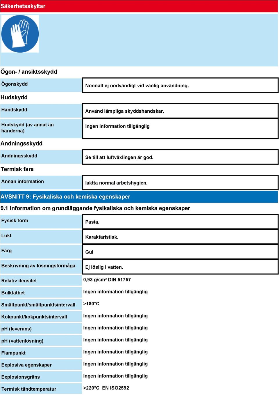 1 Information om grundläggande fysikaliska och kemiska egenskaper Fysisk form Lukt Färg Beskrivning av lösningsförmåga Pasta. Karaktäristisk. Gul Ej löslig i vatten.