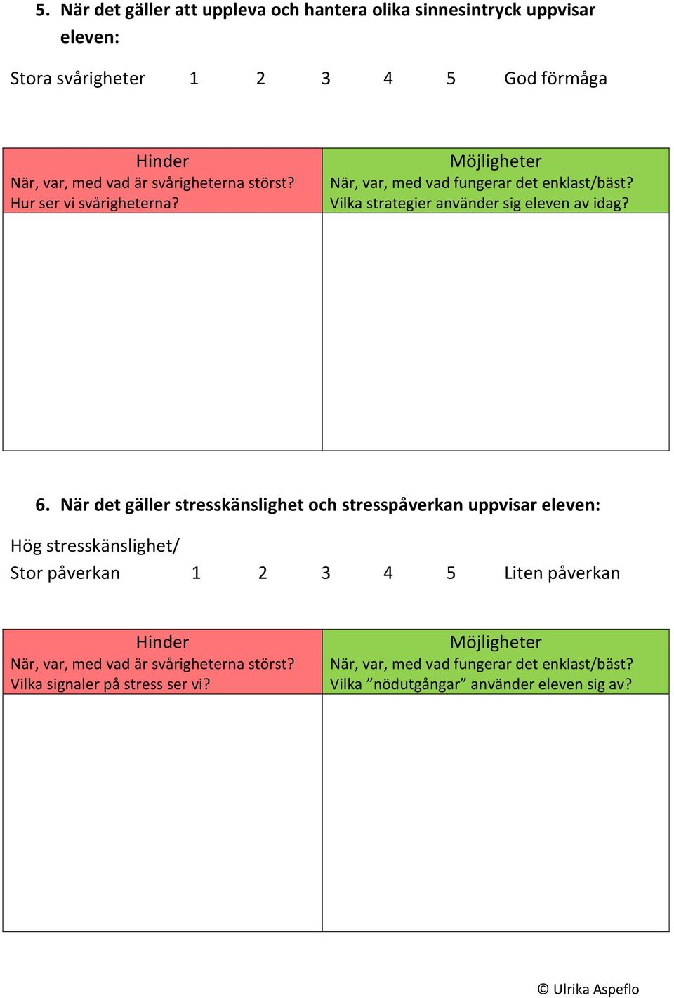 När det gäller stresskänslighet och stresspåverkan uppvisar eleven: Hög stresskänslighet/ Stor påverkan 1 2 3 4 5 Liten påverkan Hinder När, var, med