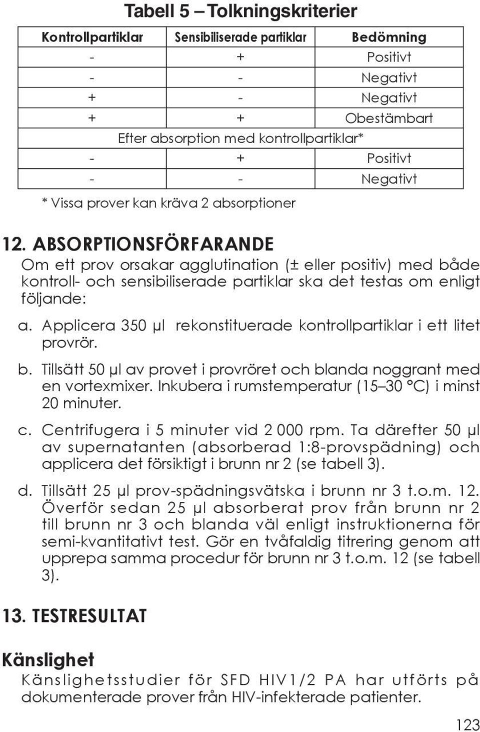 ABSORPTIONSFÖRFARANDE Om ett prov orsakar agglutination (± eller positiv) med både kontroll- och sensibiliserade partiklar ska det testas om enligt följande: a.