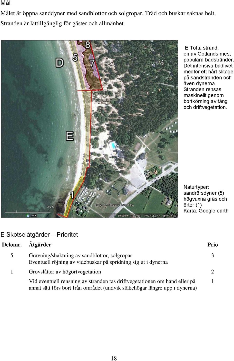 Stranden rensas maskinellt genom bortkörning av tång och driftvegetation. Naturtyper: sandrörsdyner (5) högvuxna gräs och örter () Karta: Google earth E Skötselåtgärder Prioritet Delomr.