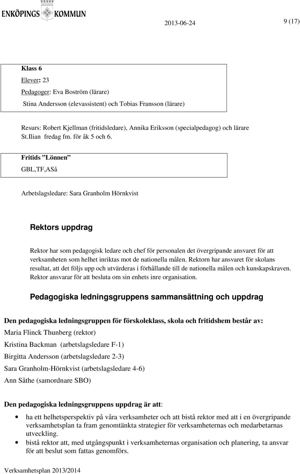 Fritids Lönnen GBL,TF,ASå Arbetslagsledare: Sara Granholm Hörnkvist Rektors uppdrag Rektor har som pedagogisk ledare och chef för personalen det övergripande ansvaret för att verksamheten som helhet