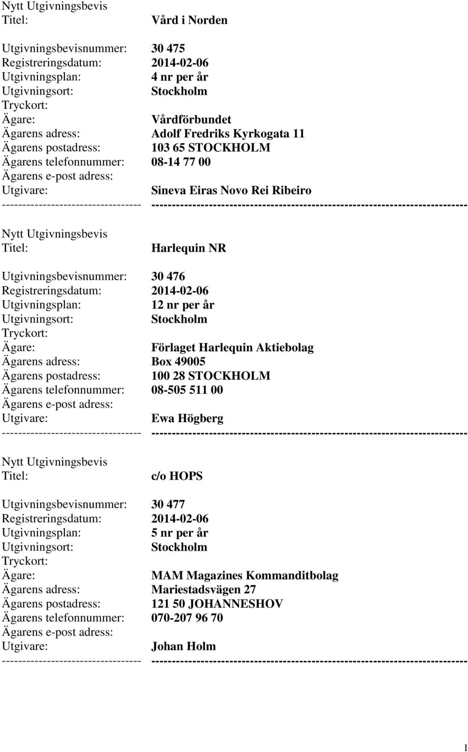 Aktiebolag Box 49005 100 28 STOCKHOLM 08-505 511 00 Ewa Högberg c/o HOPS 30 477 5 nr per