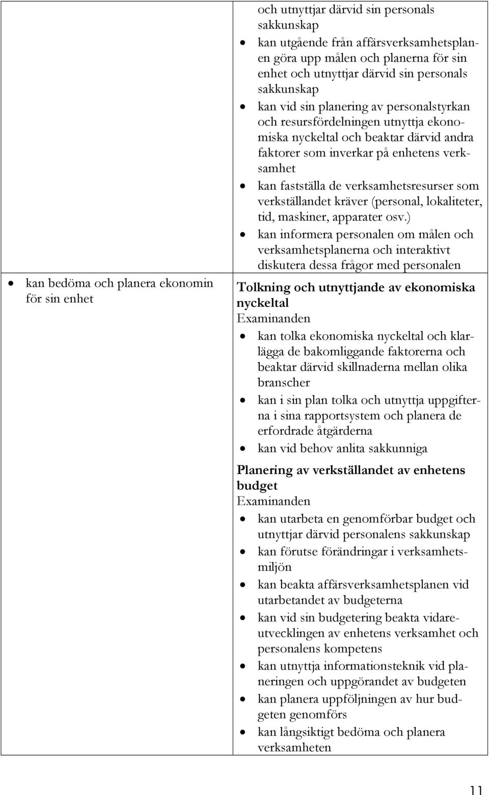 fastställa de verksamhetsresurser som verkställandet kräver (personal, lokaliteter, tid, maskiner, apparater osv.