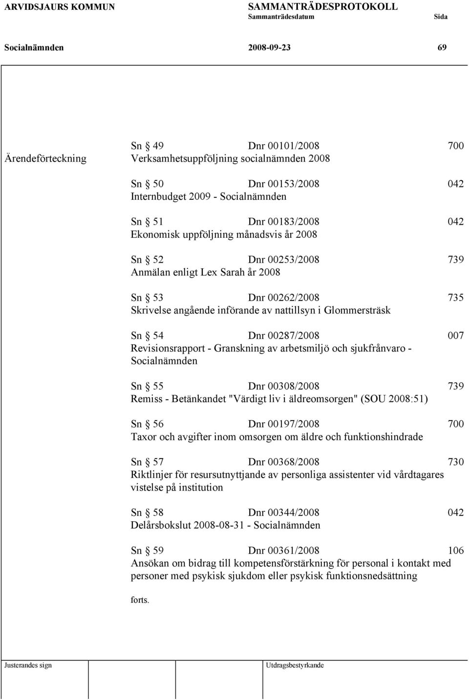 angående införande av nattillsyn i Glommersträsk Sn 54 Dnr 00287/2008 007 Revisionsrapport - Granskning av arbetsmiljö och sjukfrånvaro - Socialnämnden Sn 55 Dnr 00308/2008 739 Remiss - Betänkandet