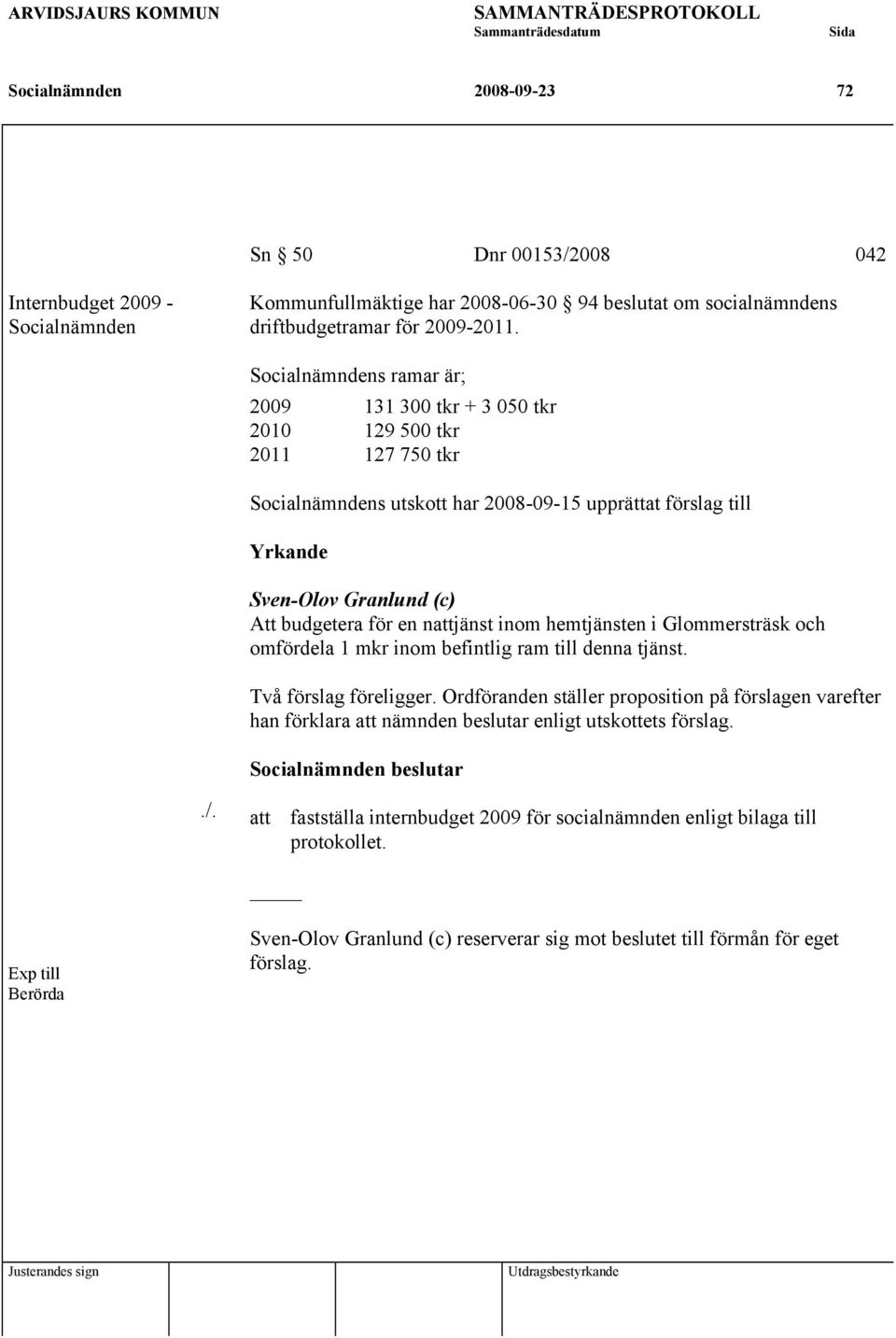 Socialnämndens ramar är; 2009 131 300 tkr + 3 050 tkr 2010 129 500 tkr 2011 127 750 tkr Socialnämndens utskott har 2008-09-15 upprättat förslag till Yrkande Sven-Olov Granlund (c) Att budgetera för