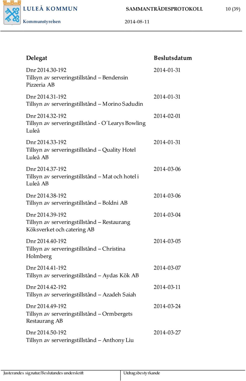 37-192 Tillsyn av serveringstillstånd Mat och hotel i Luleå AB Dnr 2014.38-192 Tillsyn av serveringstillstånd Boldni AB Dnr 2014.