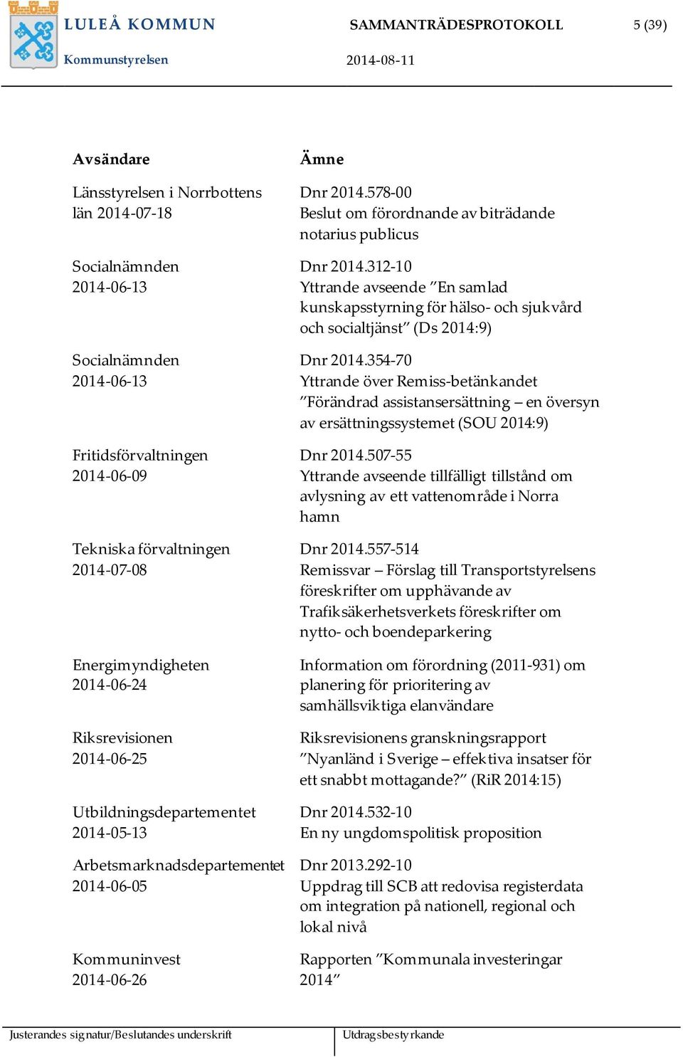 578-00 Beslut om förordnande av biträdande notarius publicus Dnr 2014.312-10 Yttrande avseende En samlad kunskapsstyrning för hälso- och sjukvård och socialtjänst (Ds 2014:9) Dnr 2014.