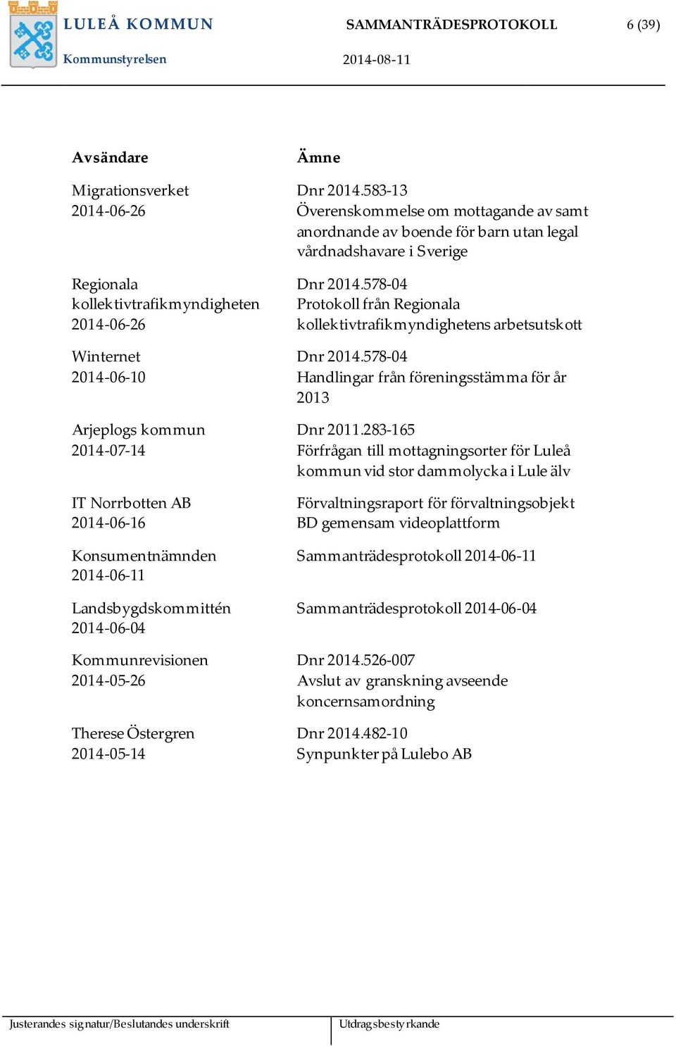 583-13 Överenskommelse om mottagande av samt anordnande av boende för barn utan legal vårdnadshavare i Sverige Dnr 2014.