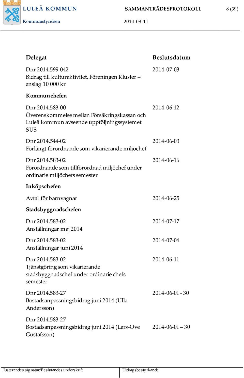 583-02 Förordnande som tillförordnad miljöchef under ordinarie miljöchefs semester 2014-06-12 2014-06-03 2014-06-16 Inköpschefen Avtal för barnvagnar 2014-06-25 Stadsbyggnadschefen Dnr 2014.