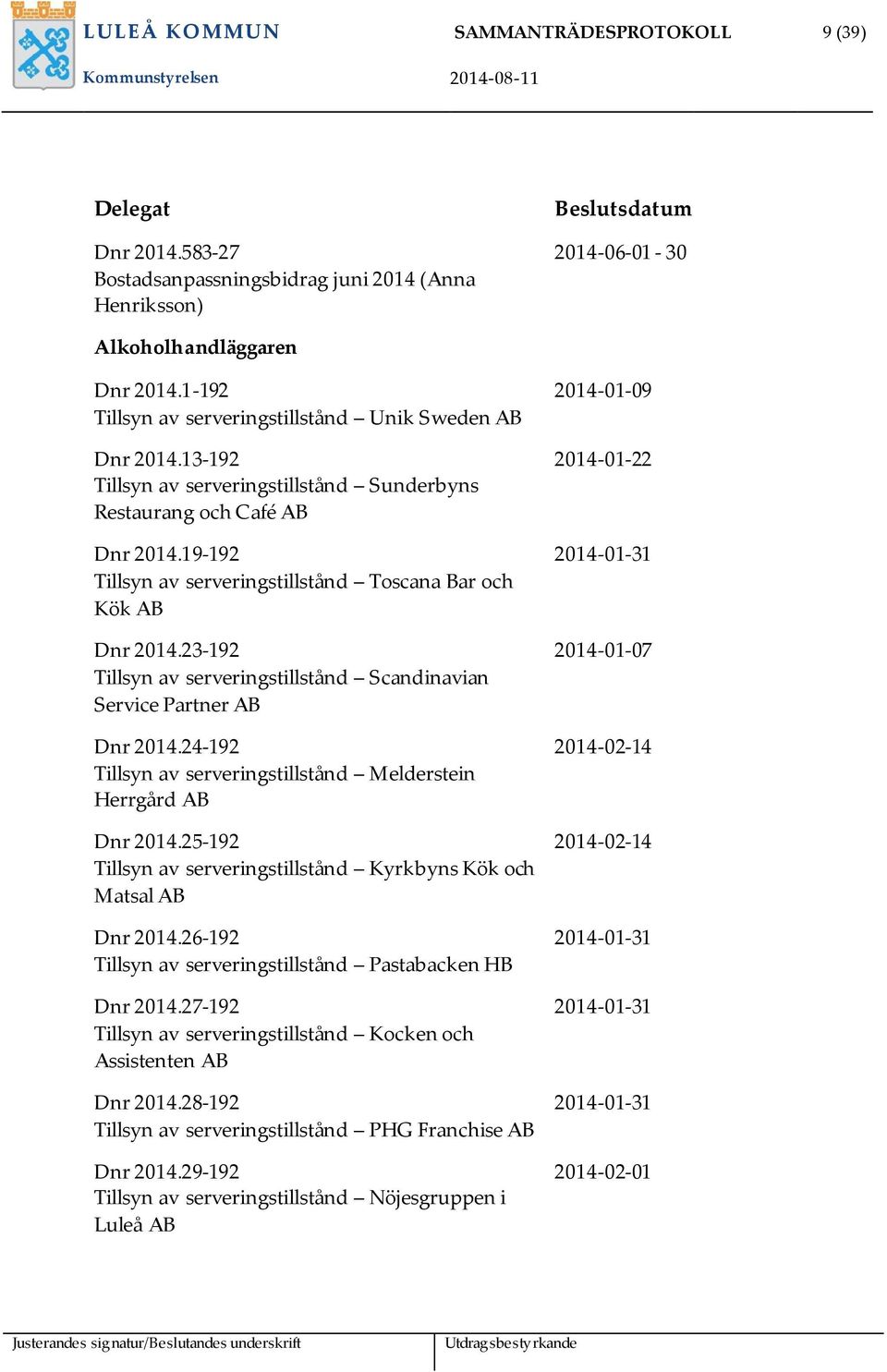 19-192 Tillsyn av serveringstillstånd Toscana Bar och Kök AB Dnr 2014.23-192 Tillsyn av serveringstillstånd Scandinavian Service Partner AB Dnr 2014.