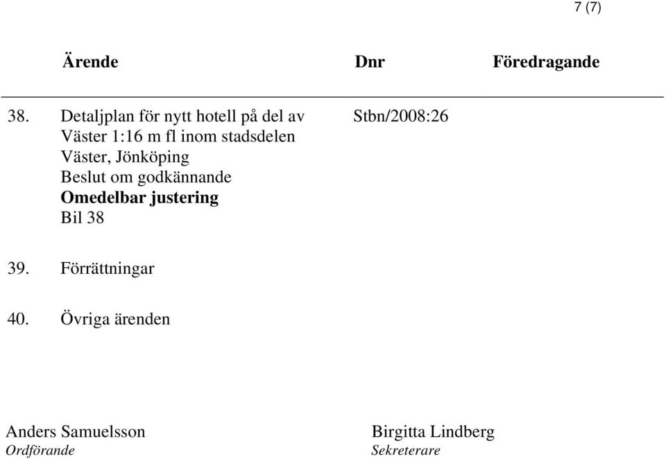 stadsdelen Väster, Jönköping Beslut om godkännande Omedelbar