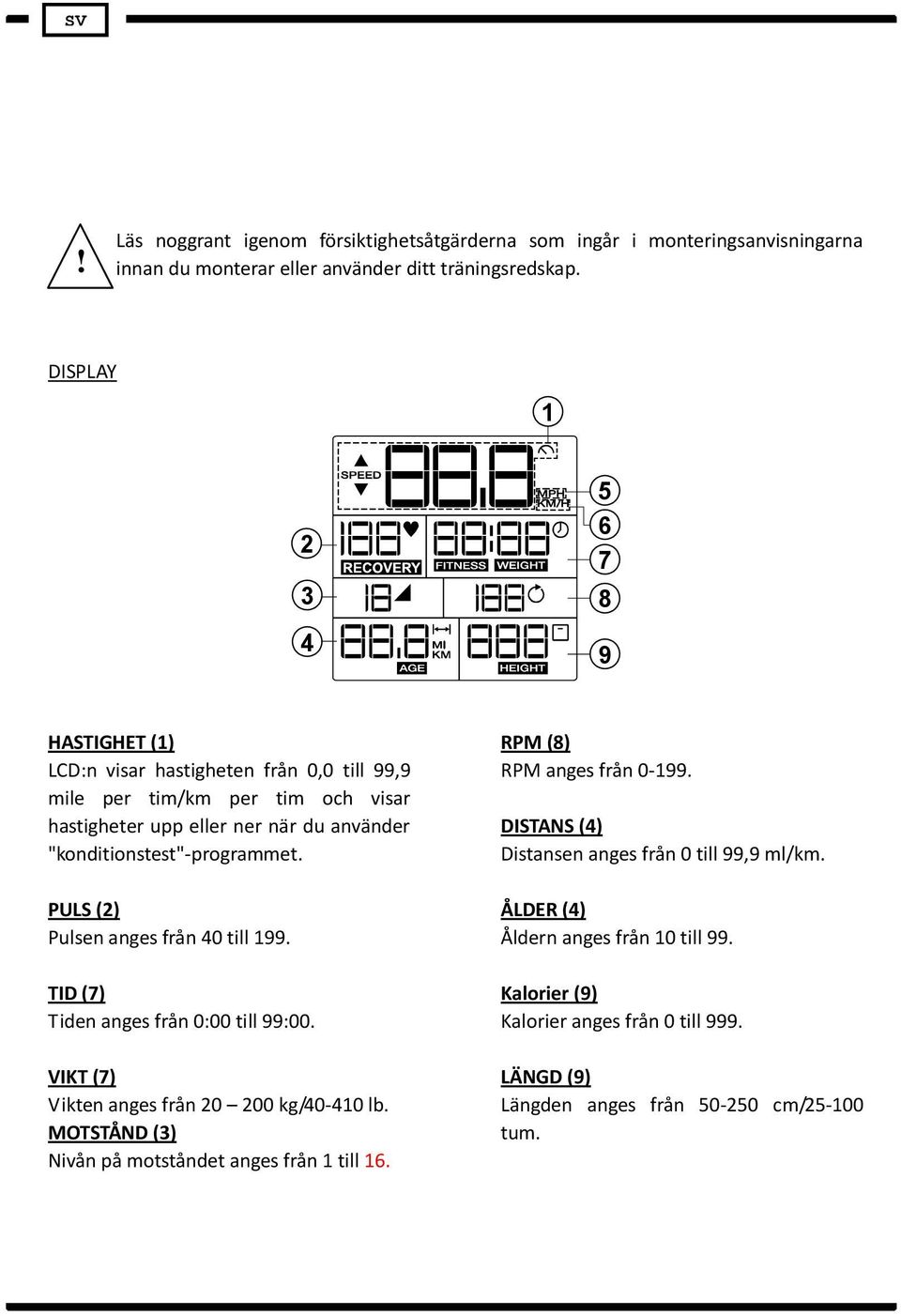 "konditionstest"-programmet. PULS (2) Pulsen anges från 40 till 199. TID (7) Tiden anges från 0:00 till 99:00. VIKT (7) Vikten anges från 20 200 kg/40-410 lb.