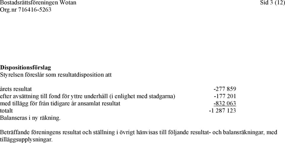 för från tidigare år ansamlat resultat -832 063 totalt -1 287 123 Balanseras i ny räkning.