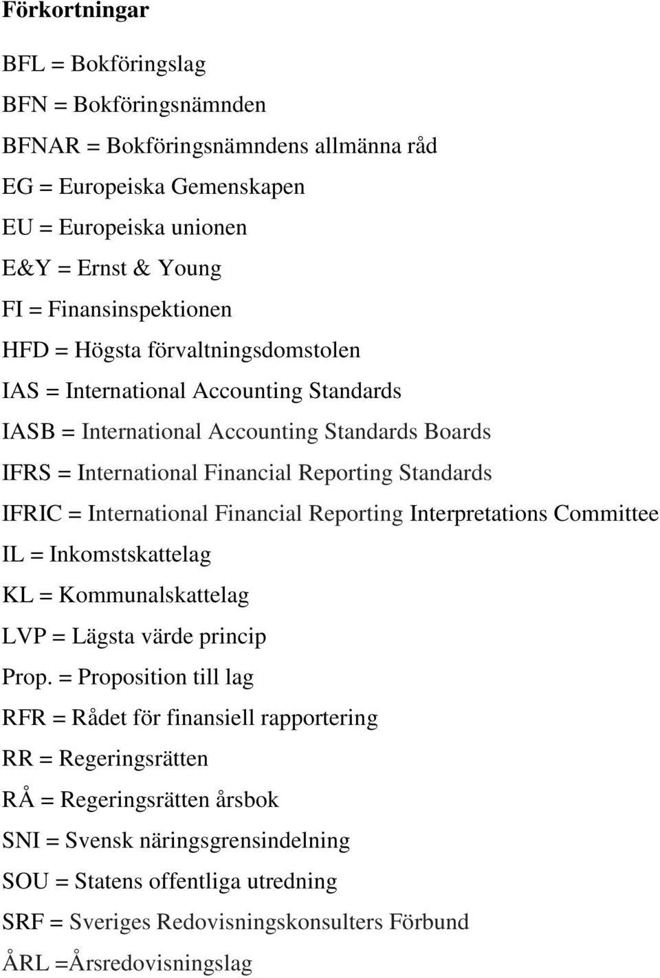 Standards IFRIC = International Financial Reporting Interpretations Committee IL = Inkomstskattelag KL = Kommunalskattelag LVP = Lägsta värde princip Prop.