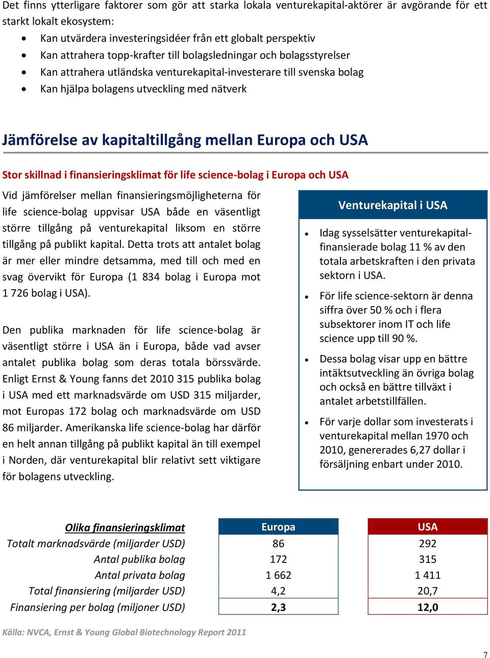 mellan Europa och USA Stor skillnad i finansieringsklimat för life science-bolag i Europa och USA Vid jämförelser mellan finansieringsmöjligheterna för life science-bolag uppvisar USA både en