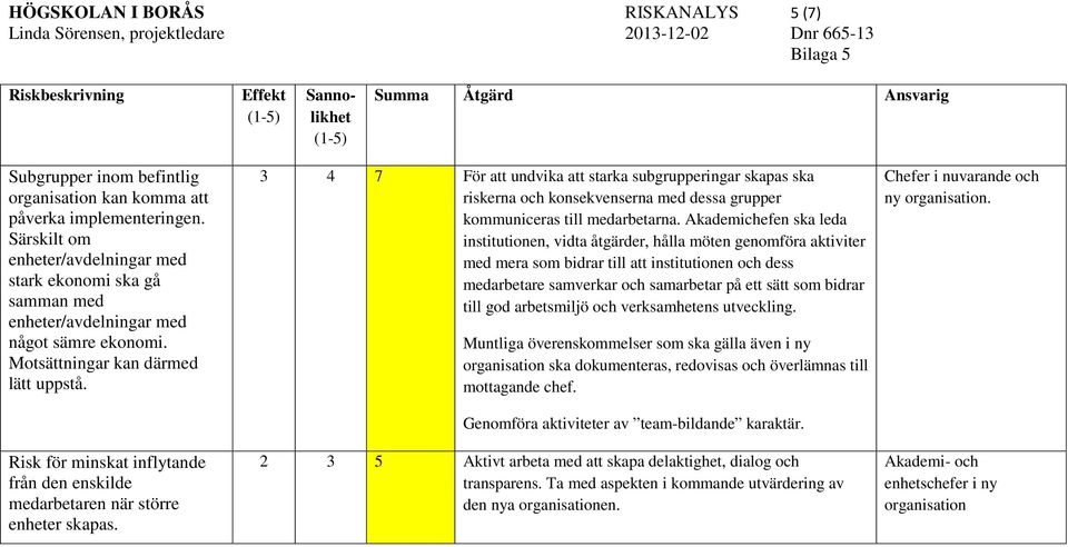 Risk för minskat inflytande från den enskilde medarbetaren när större enheter skapas.