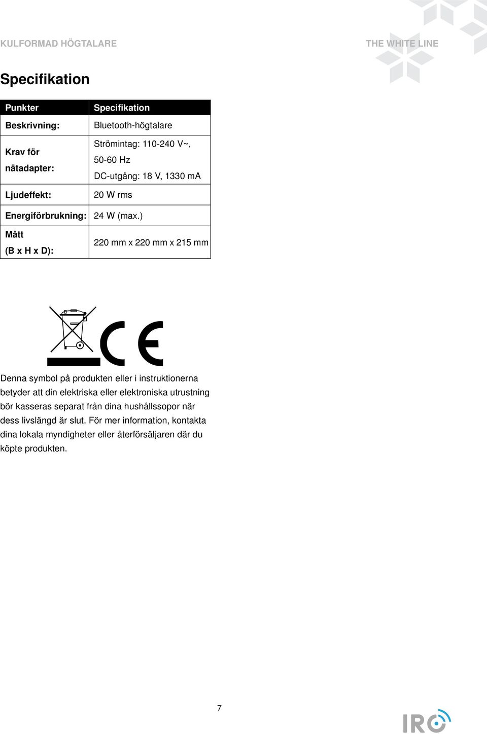 ) Mått (B x H x D): 220 mm x 220 mm x 215 mm Denna symbol på produkten eller i instruktionerna betyder att din elektriska eller